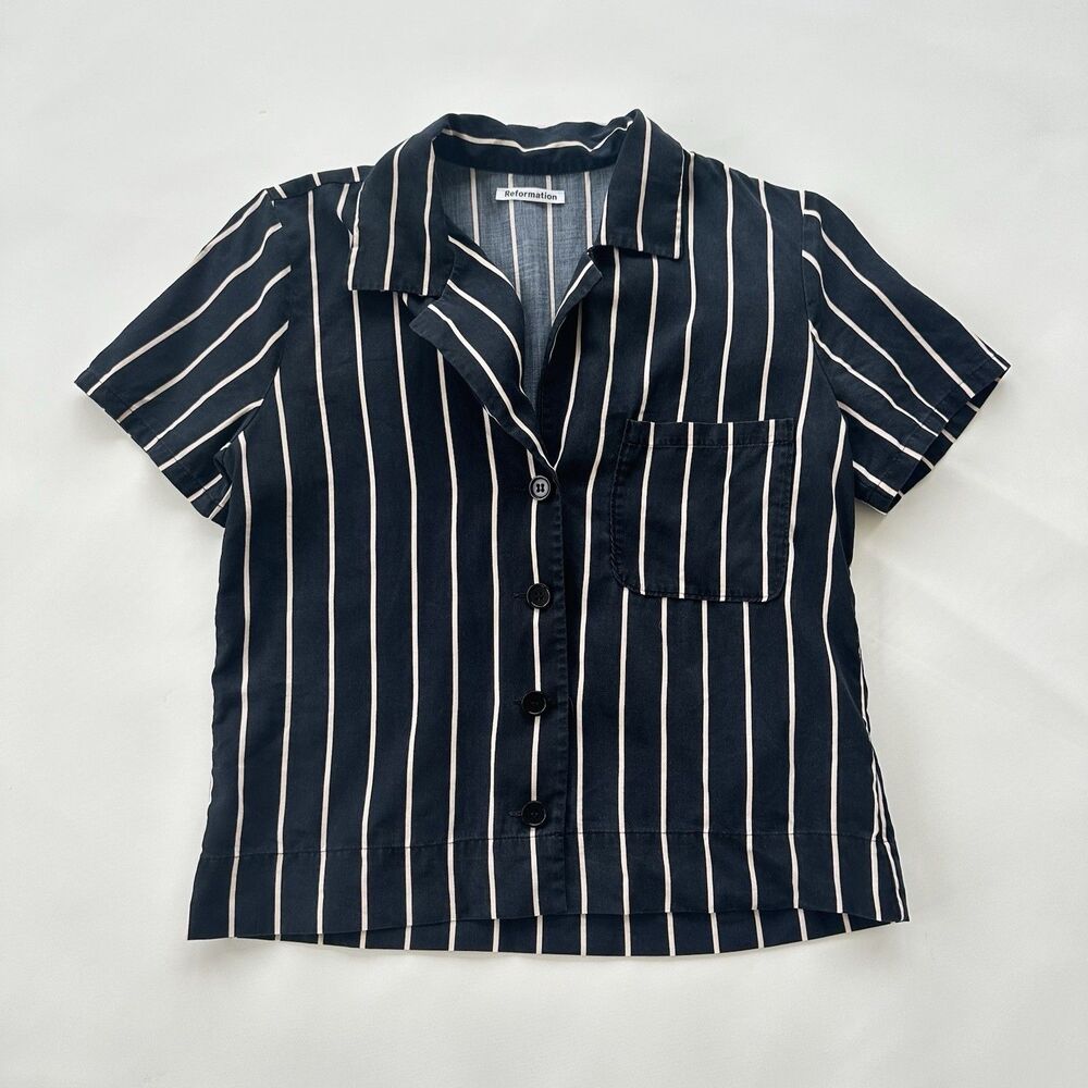 Reformation Blue White Striped Short Sleeve Button Up Shirt Preppy Coastal XS